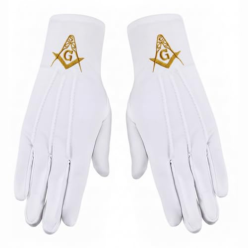Gold Square & Compass Masonic Embroidered Cotton Gloves - [White]