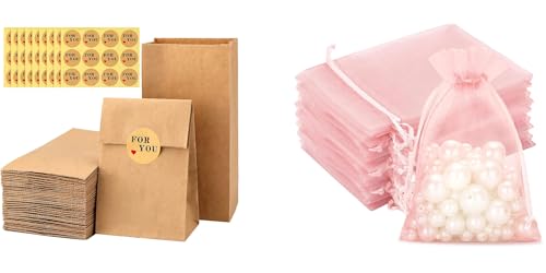 Sacs cadeaux en papier kraft et organza rose pour des tables de mariage et baptême réussies