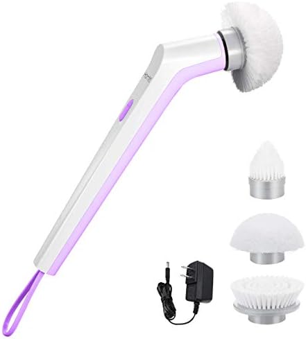 Homitt Electric Spin Power, Cordless Shower Scrubber with 3 Replaceable Cleaning Brush Head, Style 8 Hook & Adapter, Blue, Purple