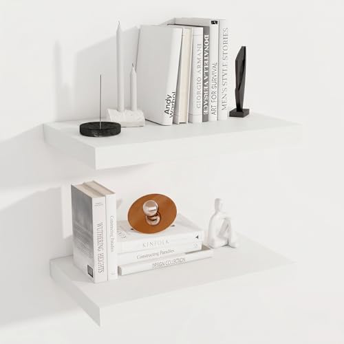 Image of Fun Memories 12 Inch Deep Floating Shelves for Wall, 20 Inch Long Wall Mounted Storage Shelf with Invisible Brackets, 2 Pack Hanging Wood Shelf for Farmhouse, Bedroom, Kitchen, Living Room, White