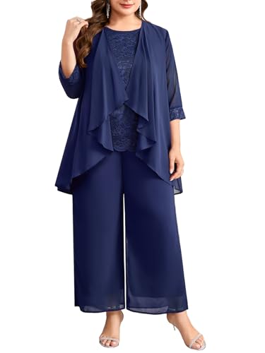 CYCLAMEN Women's Plus Size 3 Piece Pantsuit Formal Wedding Guest Mother of The Bride Groom Lace Chiffon Elegant Outfit, Navy Blue, 2X