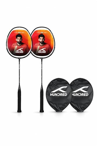 HUNDRED Powertek 200 PRO Badminton Racquet with Head Cover| Strung | Material: Aluminium | For Intermediate Players | Weight: 95 grams | Maximum String Tension - 18-20lbs, Schwarz
