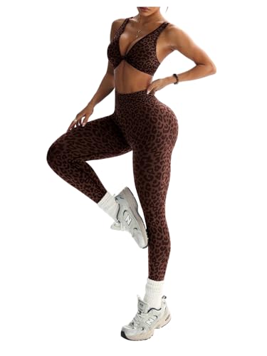 SOLY HUX Women's Leopard Tracksuit 2 Piece Set Cheetah Sports Bra and Leggings Yoga Running Activewear Brown Leopard Large
