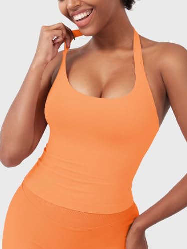 Image of YEOREO SoftHue Women's Impact Halter Tank Top Longline Backless Scoop Neck Built-in Bra Sports Workout Gym Crop Top