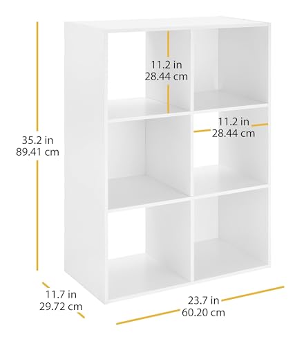 Whitmor 6 Cube Storage Organizer, 3 Tier Stackable MDF Wood Bookcase, Open Storage Display Bookshelf, Storage Cabinet for Living Room, Bedroom, Home, Office, 23.7" L x 11.7" W x 35.2" H, White