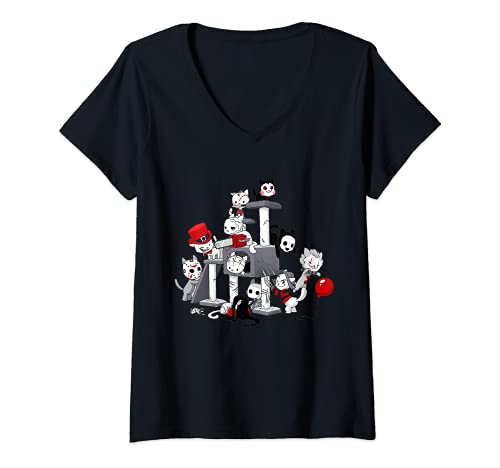 Mujer Divertidas películas de terror de gato lindo Halloween para gato gatito Camiseta Cuello V