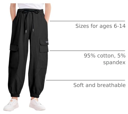 Image of JiAmy Girls Cargo Pants Elastic High Waist Drawstring Pants Jogger Trousers Casual Loose with Pockets 6-14Y