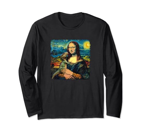 Mona Lisa with Dinosaur Van Gogh Starry Night Painting Maglia a Manica
