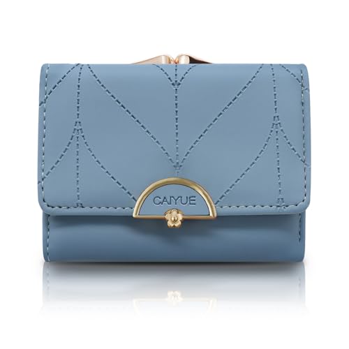 FuninCrea Small Wallets Woman, Faux Leather Trifold Ladies Wallet Kiss Lock Coin Purse for Women with 5 Card Slots and Metal Snap Closure (Blue)