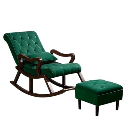 Image of CRAFTCITY Sheesham Wood Elegant Chair with Pillow and Matching Foot Stool /Living Room Chair /Rose Wood Rocking Chair,Pre-Assembled (Green, Rocking Chair with Ottoman)