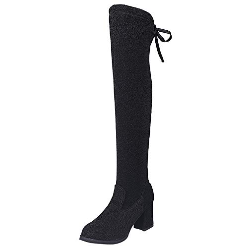FORUU Women Lace-Up Round Toe High Boots Over The Knee Boots High Heels Martin Shoes Black