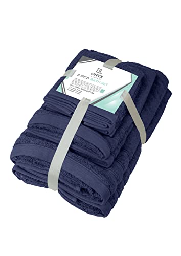 Onyx Linens Navy Blue 8 Pieces Decorative Bath Towel Sets - Cotton Bath Towel Set - Washcloth Set – Hand Towel- 100% Cotton - Highly Absorbent Towels- Hotel Spa Home Gym Beach Towels #TOP7