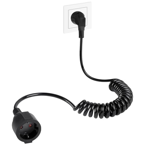 AXFEE Cable de Extensión, Cable Espiral de Contacto de Protección Extensible de 0,2 m A 2 m Máx, Cable de Alargador IP20(230V/16 A), Cable En Espiral Extensible, con Enchufe y Acoplamiento, Negro