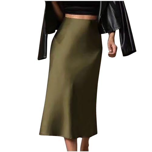 Image of Mrat Women's Army Green Silk Satin Maxi Skirt - High Waist, Elasticized Waistband, Fishtail, Midi, Party, Casual & Formal - Size S