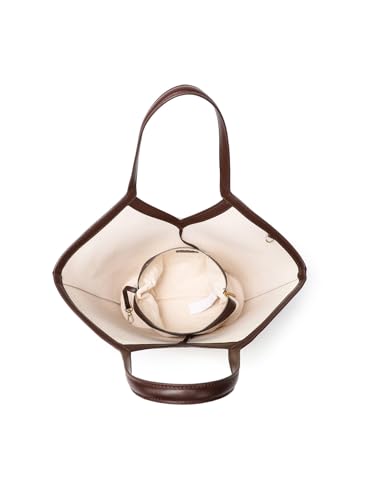 Bolsa tote de lienzo con monedero a juego, ribete de cuero marrón, diseño en V, beige miniatura 6