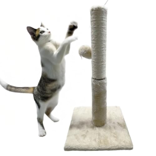 Pets Crew 48cm Cat Scratching Post with Sisal Pole, Plush Base, Pom-Poms | Sturdy Cat Furniture for Scratching, Climbing & Play | Durable Sisal Rope & Soft Plush for Kittens and Cats (Biege)
