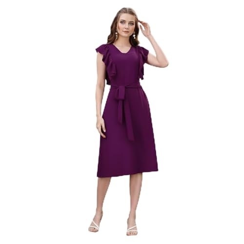 Image of Women A-Line Midi Dress | V-Neck Cap Sleeve One Piece Dress with Waist Tie Detail | Knee Length Flowy Dress for Party and Casual Styling