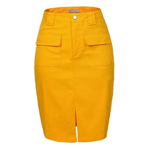 GLOSTORY Women's Knee Length Pencil Skirts with Front Pockets and Slit 1803(M, Yellow) Cover