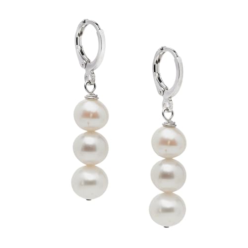 Boucles d'oreilles perles d'eau douce pendantes créoles blanc-triple perle 8-9mm Treasure Bay