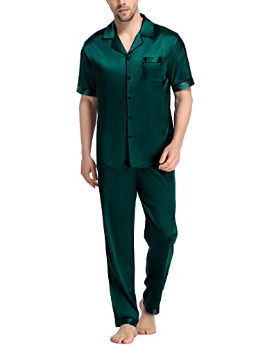 Image of SWOMOG Mens Satin Pajama Set Short Sleeve Classic Sleepwear Button Down Silky Loungewear with Long Pants