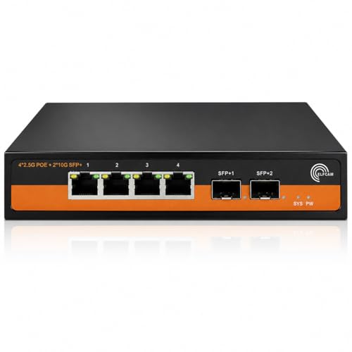Image of Elfcam® - 10Gb PoE Fiber Optic Switch, with 2 Ports 10G SFP+ and 4 Ports 2.5 Gigabit Ethernet RJ45 PoE, Plug & Play Unmanaged (2x10G SFP+, 4x2,5G RJ45 PoE)