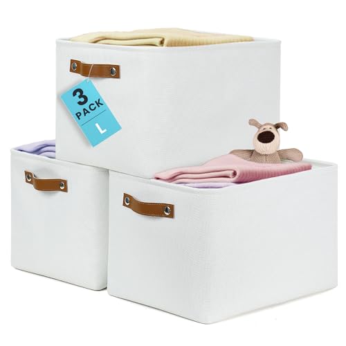 OrganiHaus Large Fabric Storage Baskets for Shelves 3 Pack, 15x11in Closet Storage Bins for Shelves, Canvas Baskets for Organizing, Linen Closet Organizers, Cloth Basket, Off-White