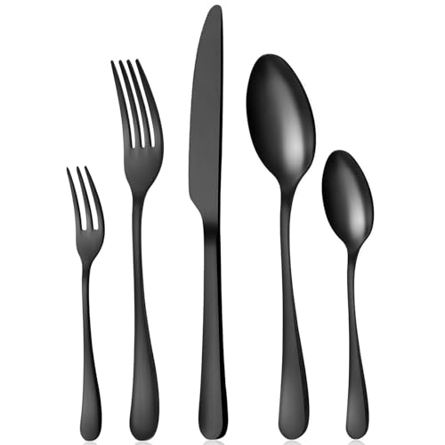BEWOS Besteck Set für 6 Personen, 30 teilig Schwarz Mattiert Essbesteck Set inkl. Messer, Gabel, Löffel, Besteck Edelstahl, Spülmaschinenfest