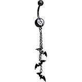 Body Candy Womens 14G Black PVD Steel Navel Ring Piercing Clear Accent Bats Chain Dangle Belly...