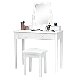 【Espejo reversible y bombillas】Esta mesa tocador incluye un espejo claro y redondo, giratorio a 360° para mirar toda la cara. Además, hay 10 bombillas alrededor del espejo que crean un ambiente más o menos luminoso para facilitar maquillarse.