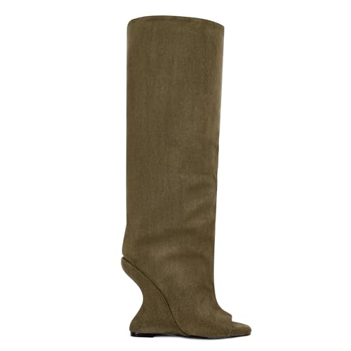 Yishaweiqi Suede Camel Knee High Boots for Women Peep Toe Wedge Boots Pull On Open Toe Summer Boots2