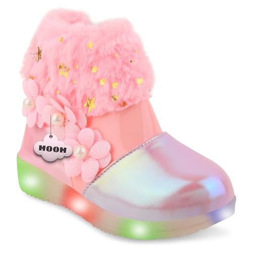Image of Hooh Kids Girls LED Light Up Shoes Cum Boots with Faux Fur Trim and Flower Applique for 0 Months to 12 Years (for Greater Than 5 Years Age vs Size Chart in Images)
