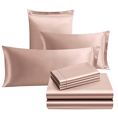 Image of Ersmak 7 Pieces Satin Sheets Set Queen Size, Luxury Silky Champagne Satin Bed Sheets Set with 1 Deep Pocket Fitted Sheet, 1 Soft Flat Sheet, 4 Queen Pillowcases and 1 Body Pillowcase