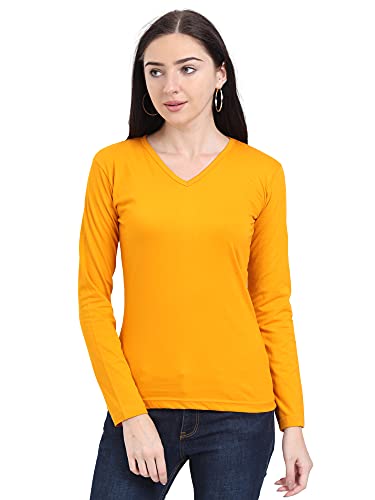 Image of FLEXIMAA Women's Cotton Plain V Neck Full Sleeve T-Shirt