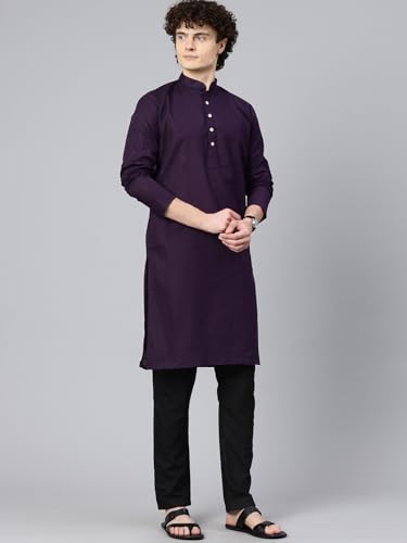 Image of Majestic Man Men's Cotton Regular Fit Casual Mandarin Collar Ethnic Motifs Solid Long Kurta