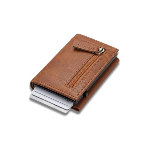 Image of Slim Leather Card Holder Wallet, Black, RFID Blocking, Zipper Pocket, Pop-Up Card Ejector (TAN)