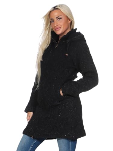 Kunst und Magie Damen Winter Woll Mantel Strickmantel, Cardigan Strickjacke Schurwolle Kapuze (DE/NL/SE/PL, Alphanumerisch, M, Regular, Regular, Schwarz)