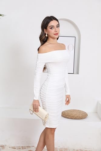 Image of Fooullaide Women's Sexy Off Shoulder Sleeveless Bodycon Ruched Midi Dress