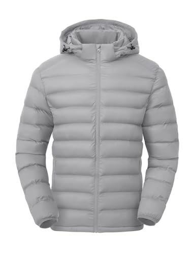 TBMPOY Men's Lightweight Puffer Down Jackets Detachable Hood Water-Resistant Winter Coat Hooded Insulated for Travel Ski Light Grey L