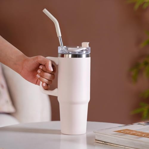 Image of Decorcrafts 1.2 Litre Tumbler with Handle Straw & Lid | Insulated Reusable Stainless Steel Water Bottle | Leak Proof Mug for Office, Gym, Travelling (White)