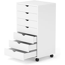 7 Drawers Mobile File Cabinet Under Desk Storage Organization with Wheels Vertical Filing Chest Rolling Wood Desk Printer Stand for Home Office, White