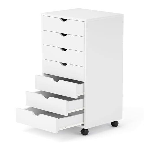 7 Drawer File Cabinet, Under Desk Storage Organization with Wheels, Mobile Filing Chest for Small Desk Printer Stand for Home Office, White
