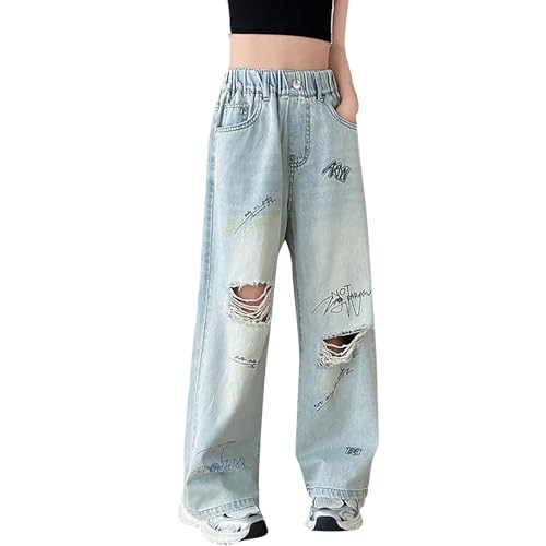 Girls Jeans Ripped Elastic Waist Wide Leg Baggy Denim Pants Teen Cute Graphic Clothes with Pockets Y2K Streetwear