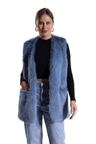 FunnyCos Women's Faux Rabbit Fur Vest Jacket Waistcoat Coat Winter V Neck Sleeveless Fluffy Warm Fake Fur Gilet with Pockets Haze Blue,L