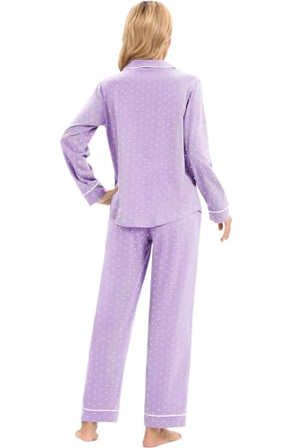 Image of LUBOT 100% Cotton Pajamas for Women Pajama Set Soft 2 Piece Sleepwear PJ Set Long Sleeve Knit Button Cozy Loungewear XS-XXL