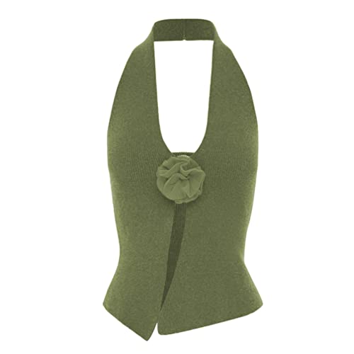 Image of Naileksi Women Halter Neck 3D Floral Rib-Knit Top Tank Y2k Sexy Sleeveless Backless Open Front Slim Fit Sweater Vest