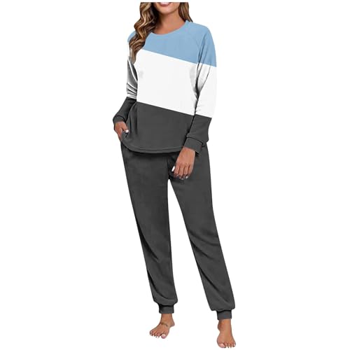 Women's Winter Fleece Pajamas Set Color Block Long Sleeve Fuzzy Soft Top & Pjs Pants Sleepwear 2Pcs Lounge Sets with Pockets