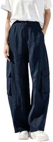 Women's100% Linen Tencel Blend Cargo Pants, High Waist Elastic Ba...
