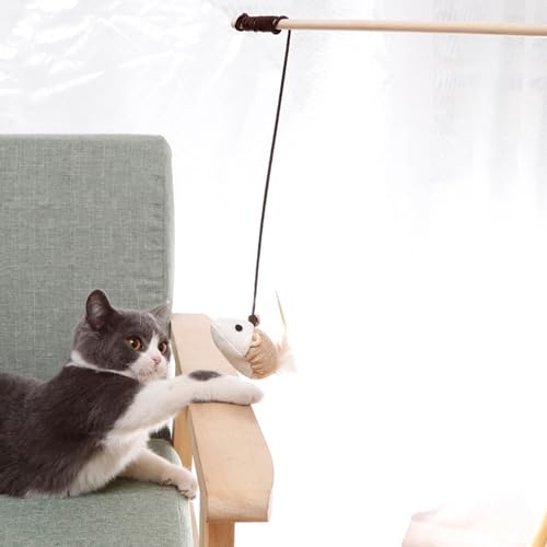 AONYAYBM Brinquedo de varinha de gato com vara de madeira durável, interativo, para gatos