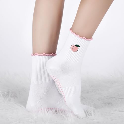 Image of Jeyiour Summer Cute Pilates Socks Women Bow Nonslip Ruffle Yoga Socks with Grip Barre Pilates Gift for Work Dance Fitness