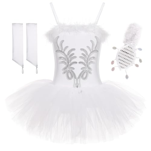 FONLAM Vestido Maillot de Ballet Tutú Niña, Blanco, 4-5 años